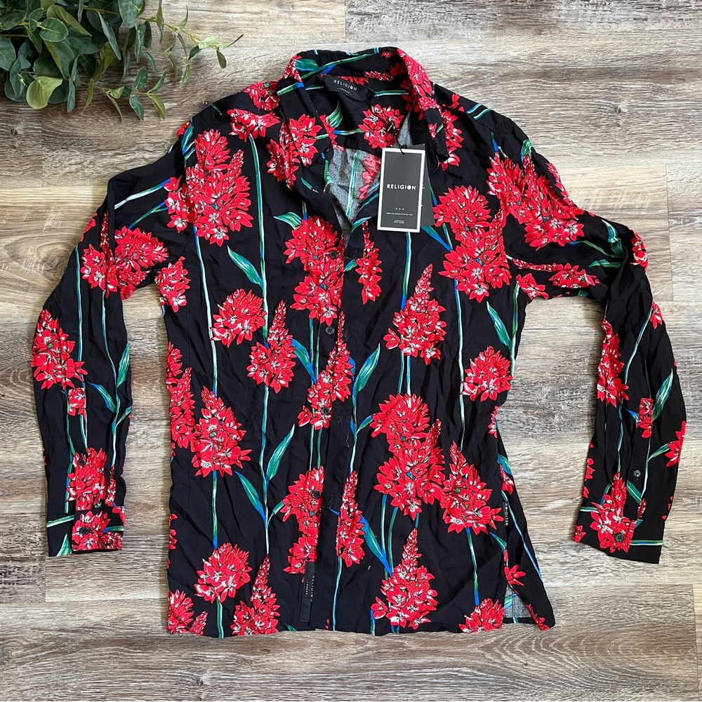NWT ASOS Religion Revere Black Collar Button Down Shirt w/ Red Floral Print - Picture 5 of 16